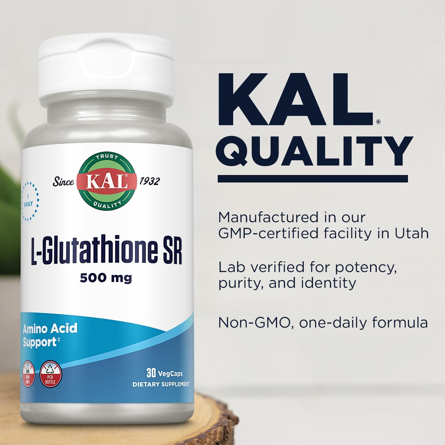 High Absorption KAL L-Glutathione SR Supplement, 30 VegCaps, Lab Verified Antioxidant - 30 Servings