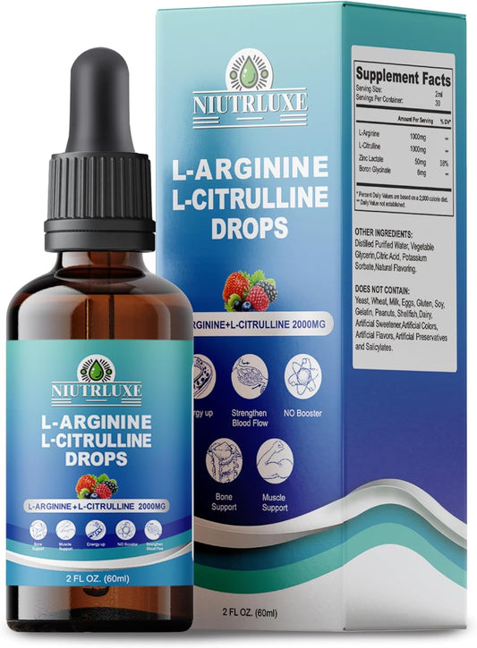 High Absorption L-Arginine Citrulline Liquid Drops with Zinc and Boron - 1000mg Sublingual Supplement for Optimal Absorption - 60ml
