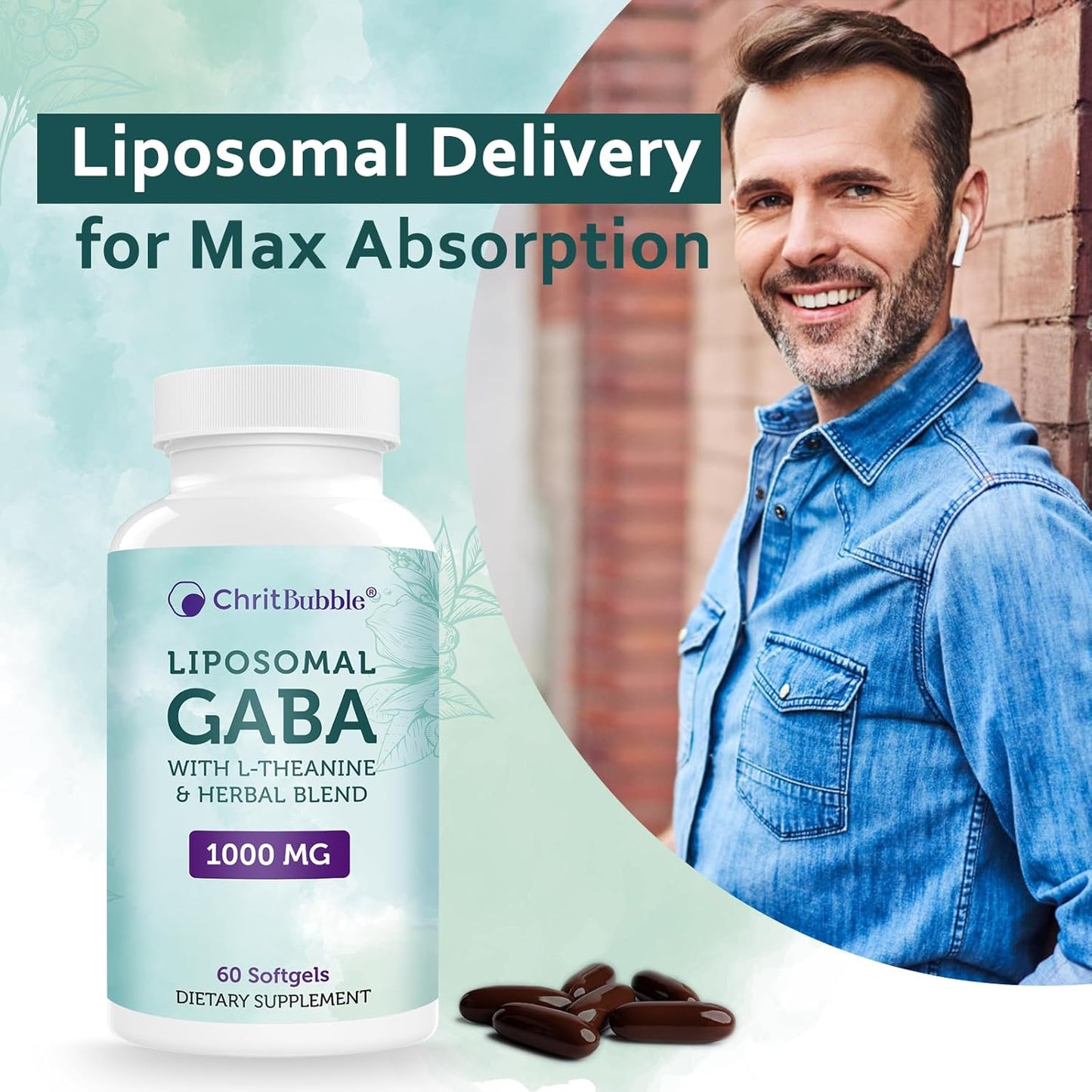 High Absorption Liposomal GABA Supplements 1000mg with L-Theanine 200mg, Ashwagandha, Chamomile, and Tart Cherry - Herbal Formula for Adults - 60 Softgels - Non-GMO and Gluten Free