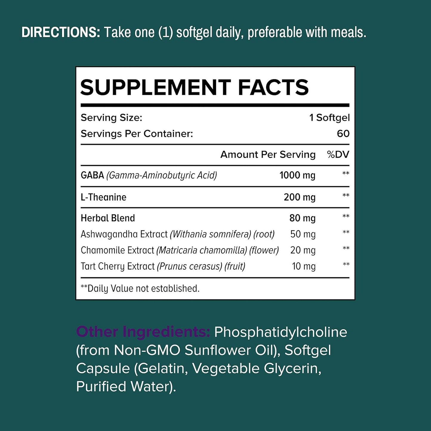 High Absorption Liposomal GABA Supplements 1000mg with L-Theanine 200mg, Ashwagandha, Chamomile, and Tart Cherry - Herbal Formula for Adults - 60 Softgels - Non-GMO and Gluten Free