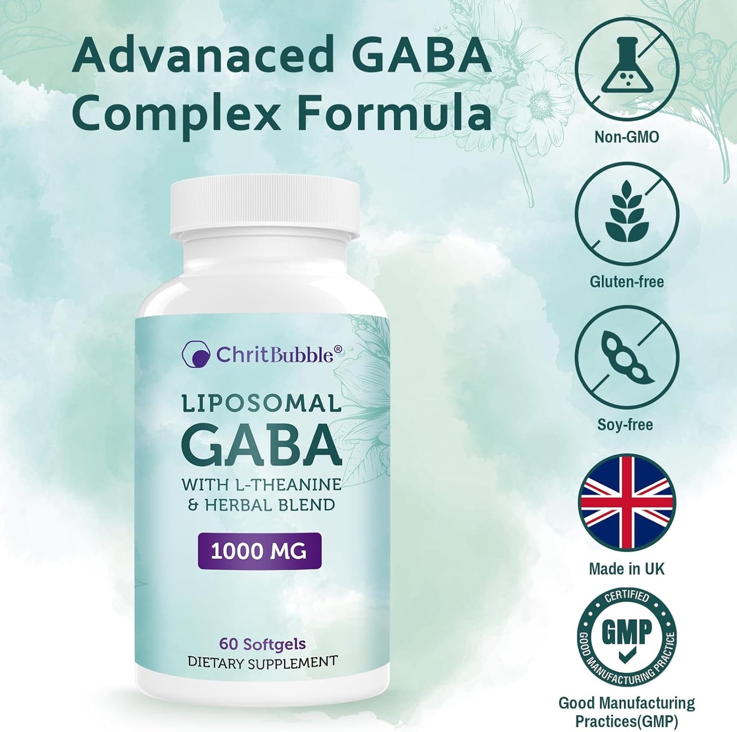 High Absorption Liposomal GABA Supplements 1000mg with L-Theanine 200mg, Ashwagandha, Chamomile, and Tart Cherry - Herbal Formula for Adults - 60 Softgels - Non-GMO and Gluten Free
