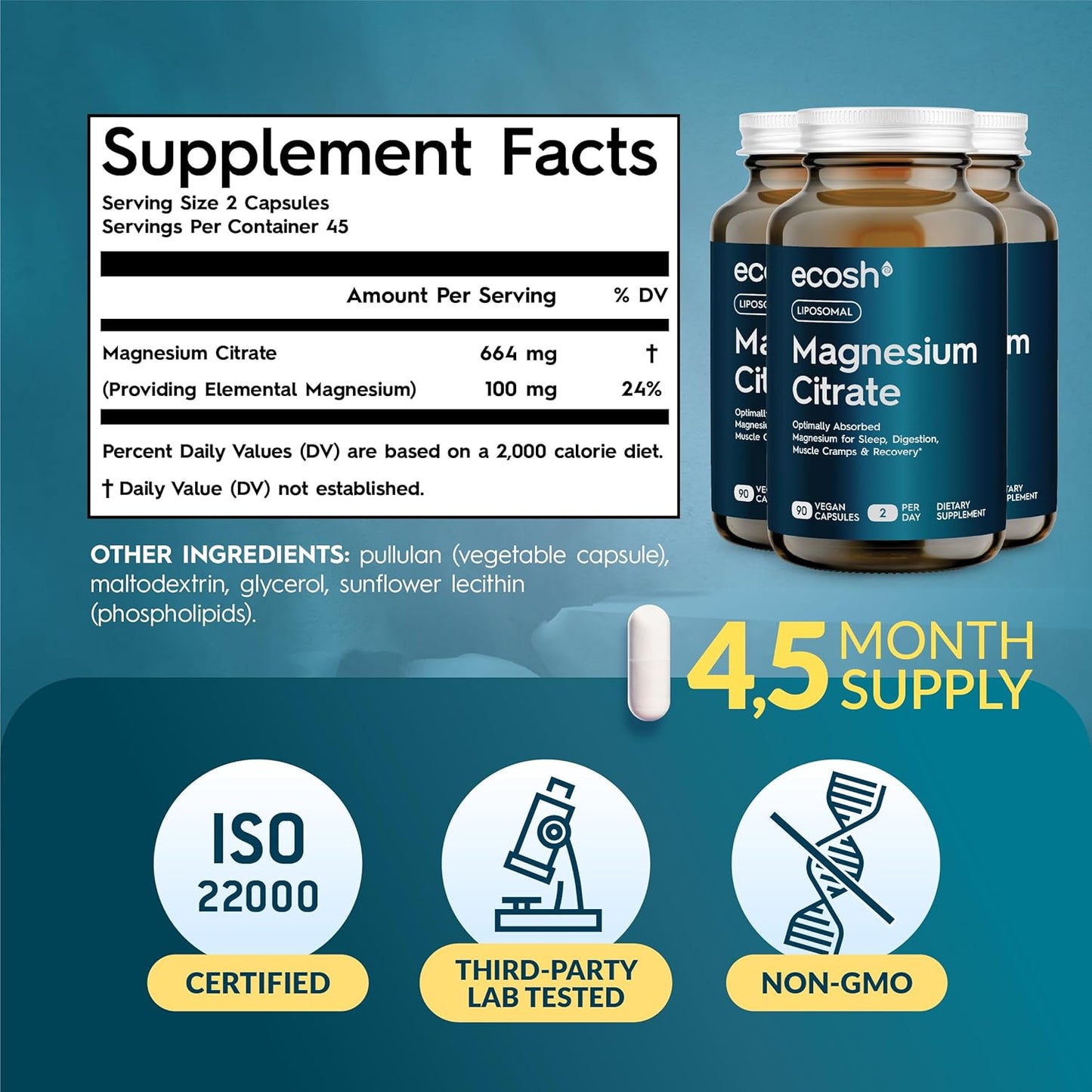High Absorption Liposomal Magnesium Citrate Capsules for Constipation, Sleep, Muscle Cramps & Recovery | 270 ct Veg Capsules | Non-GMO