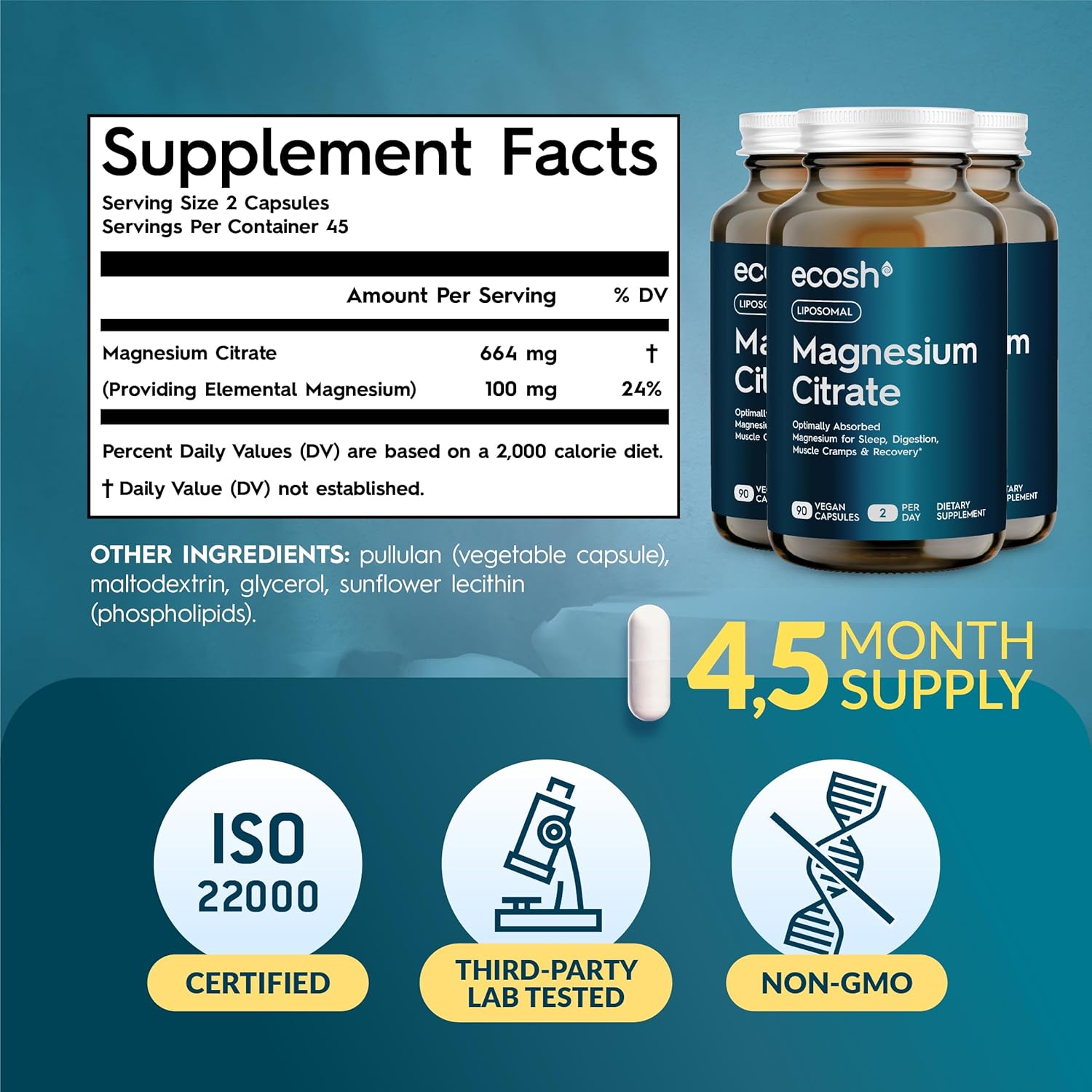 High Absorption Liposomal Magnesium Citrate Capsules for Constipation, Sleep, Muscle Cramps & Recovery | 270 ct Veg Capsules | Non-GMO