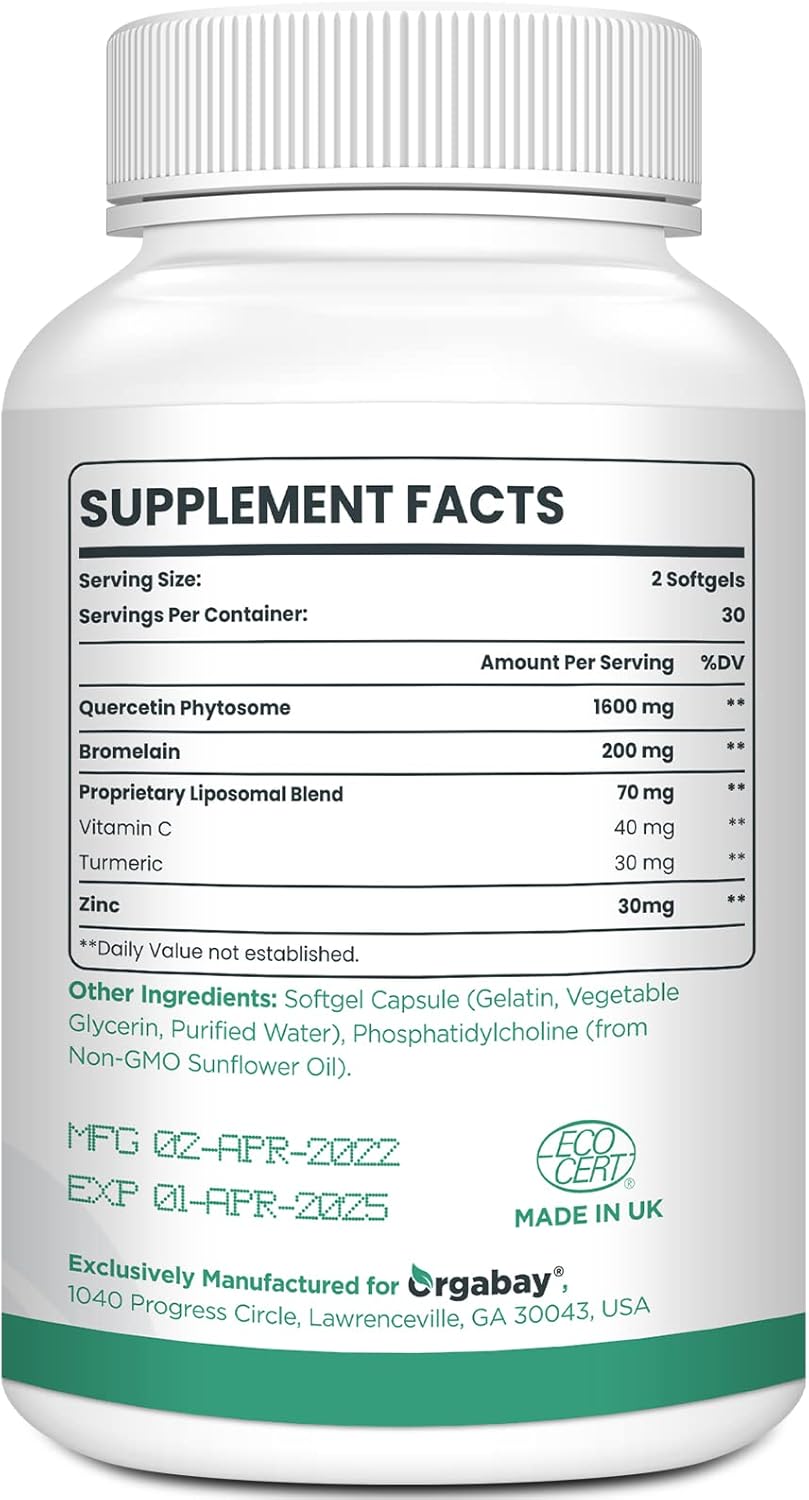 High Absorption Liposomal Quercetin Complex with Bromelain, Zinc, Vitamin C, and Turmeric - 1600mg, 120 Softgels