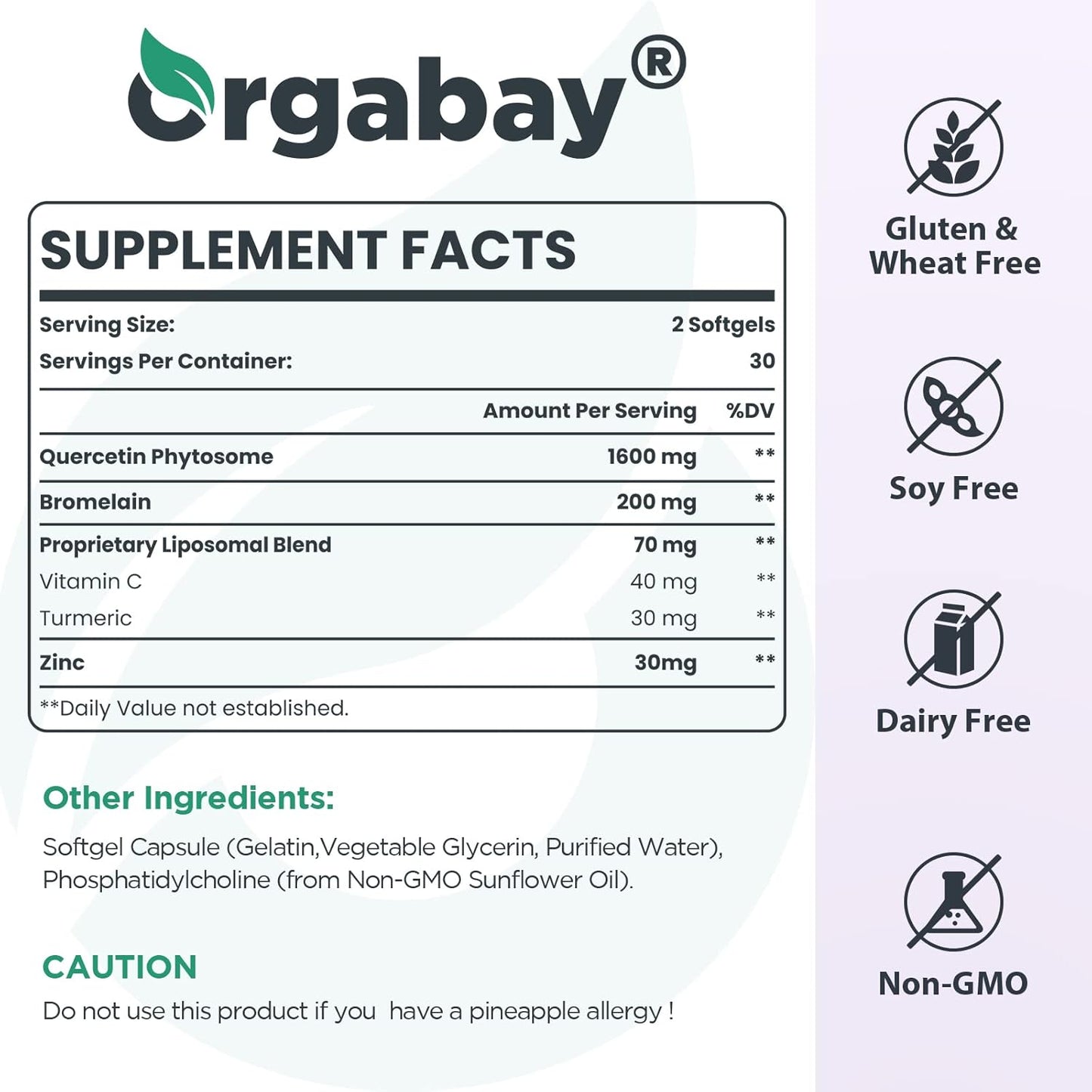 High Absorption Liposomal Quercetin Complex with Bromelain, Zinc, Vitamin C, and Turmeric - 1600mg, 120 Softgels