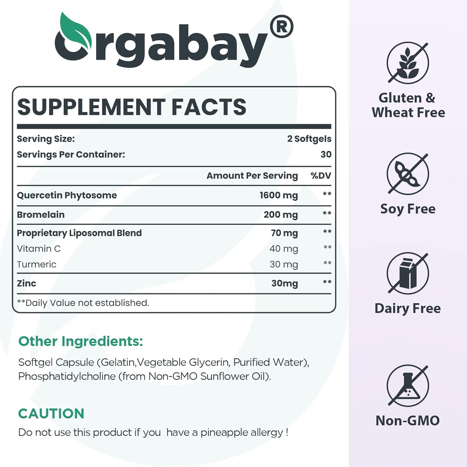 High Absorption Liposomal Quercetin Complex with Bromelain, Zinc, Vitamin C, and Turmeric - 1600mg, 120 Softgels