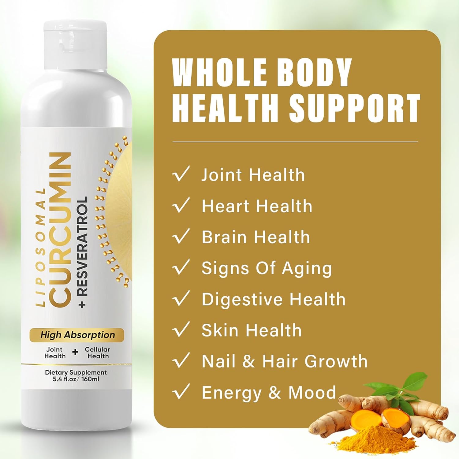 High Absorption Liposomal Turmeric Curcumin Supplement with Ginger for Joint Comfort & Cellular Health Support