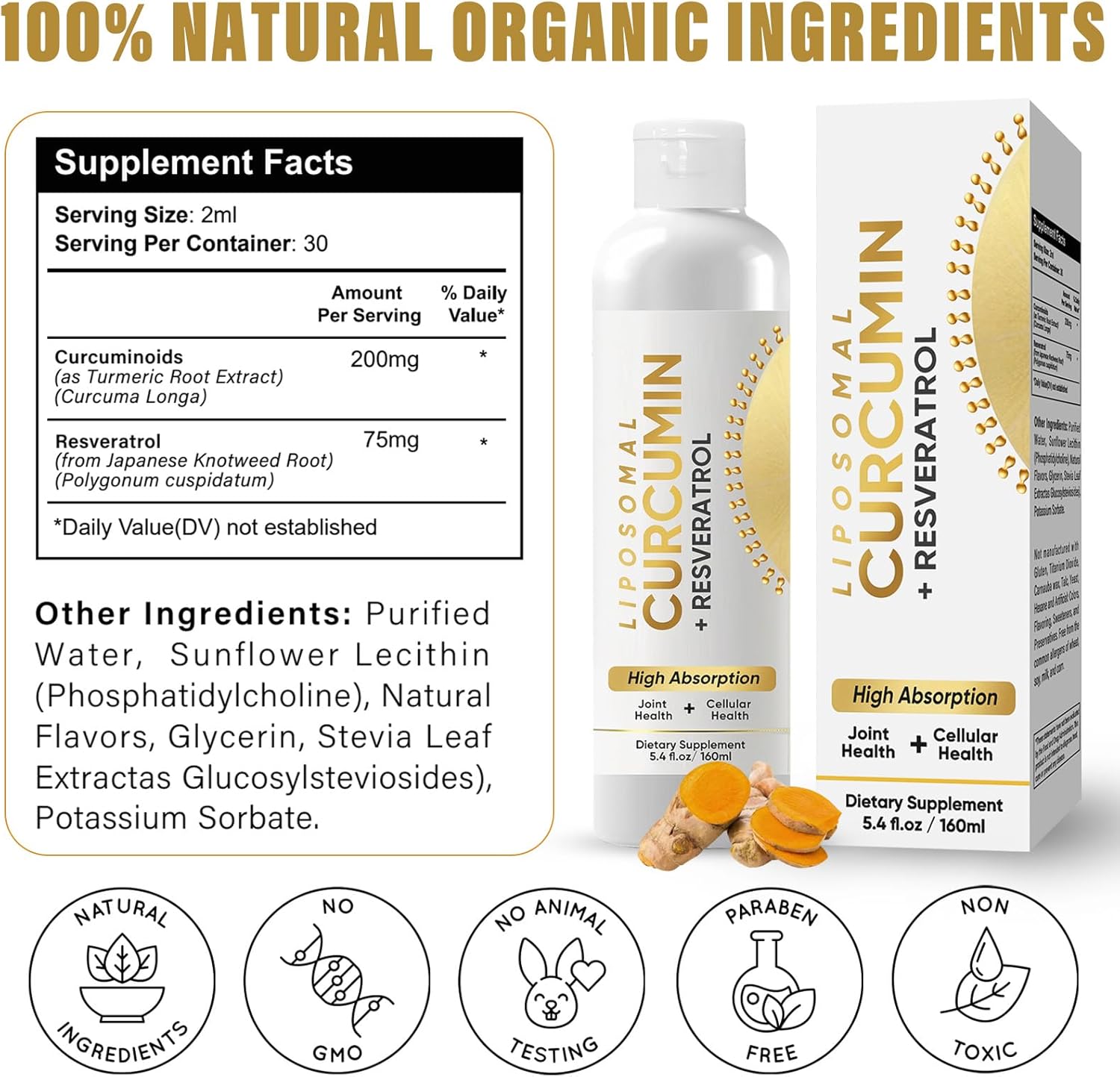 High Absorption Liposomal Turmeric Curcumin Supplement with Ginger for Joint Comfort & Cellular Health Support