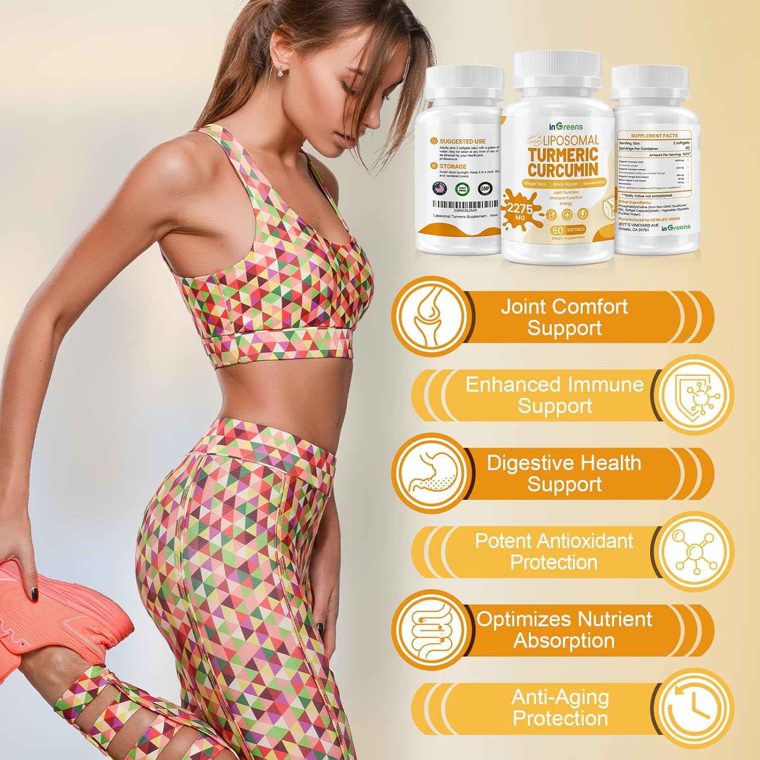 High Absorption Liposomal Turmeric Supplement with Organic Ginger, Black Pepper & Resveratrol - 2275mg Turmeric Curcumin for Joint Support - 60 Softgels