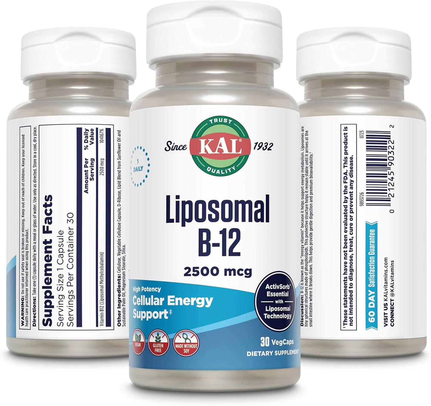 High Absorption Liposomal Vitamin B12 2500 mcg Vegan Capsules for Cellular Energy Support - Gluten & Soy Free - 30 Servings