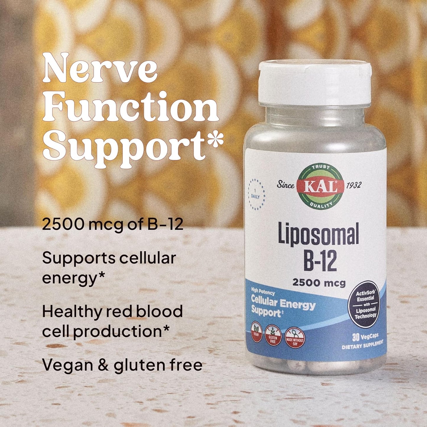 High Absorption Liposomal Vitamin B12 2500 mcg Vegan Capsules for Cellular Energy Support - Gluten & Soy Free - 30 Servings