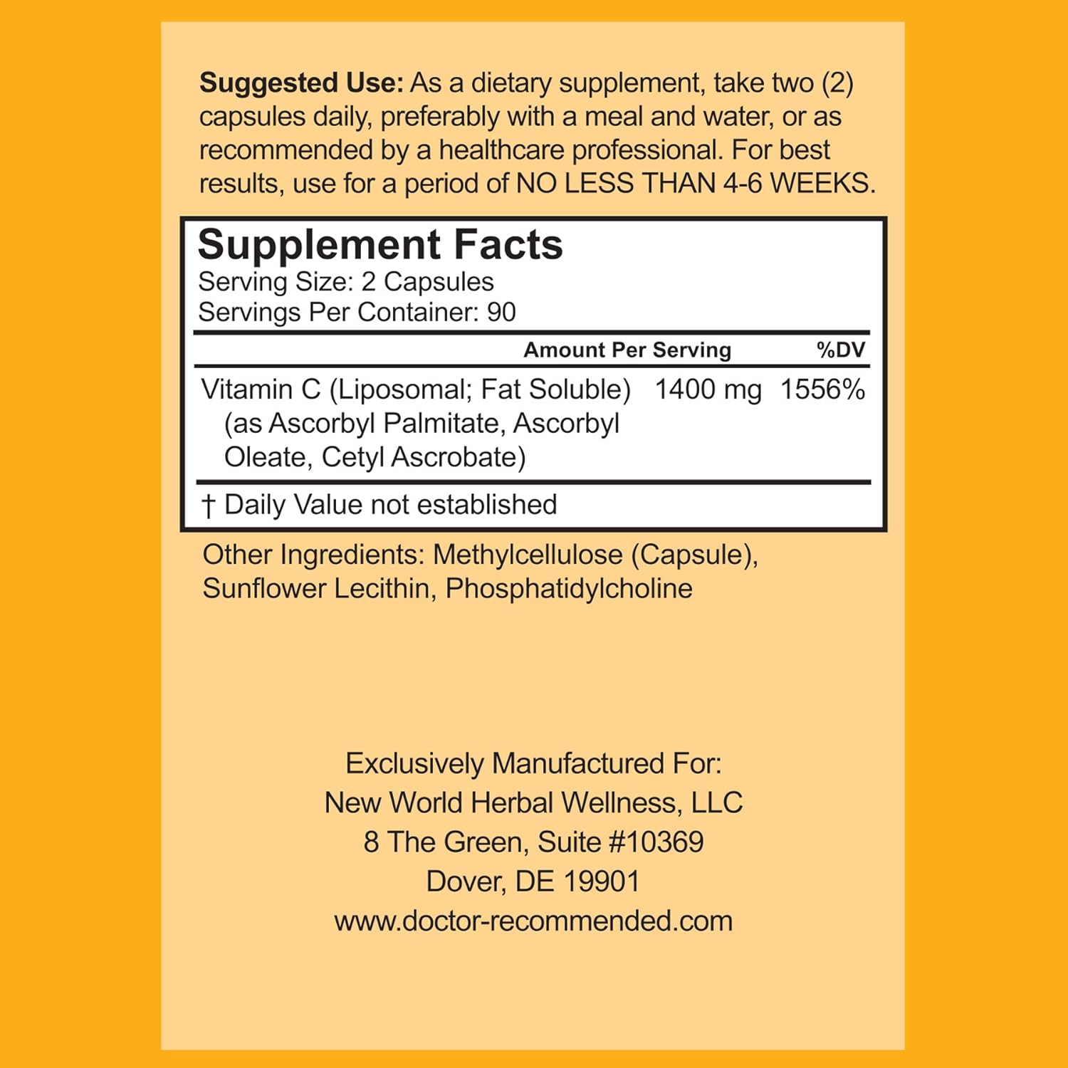 High Absorption Liposomal Vitamin C 1400mg - 180 Veggie Capsules - Immune Support & Collagen Booster - Doctor Recommended