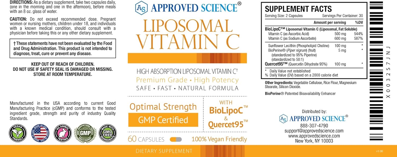 High Absorption Liposomal Vitamin C Capsules - 1100 mg - Boost Immune System, Collagen Production & Antioxidant Levels - Non GMO, Vegan - Made in USA - 60 Count
