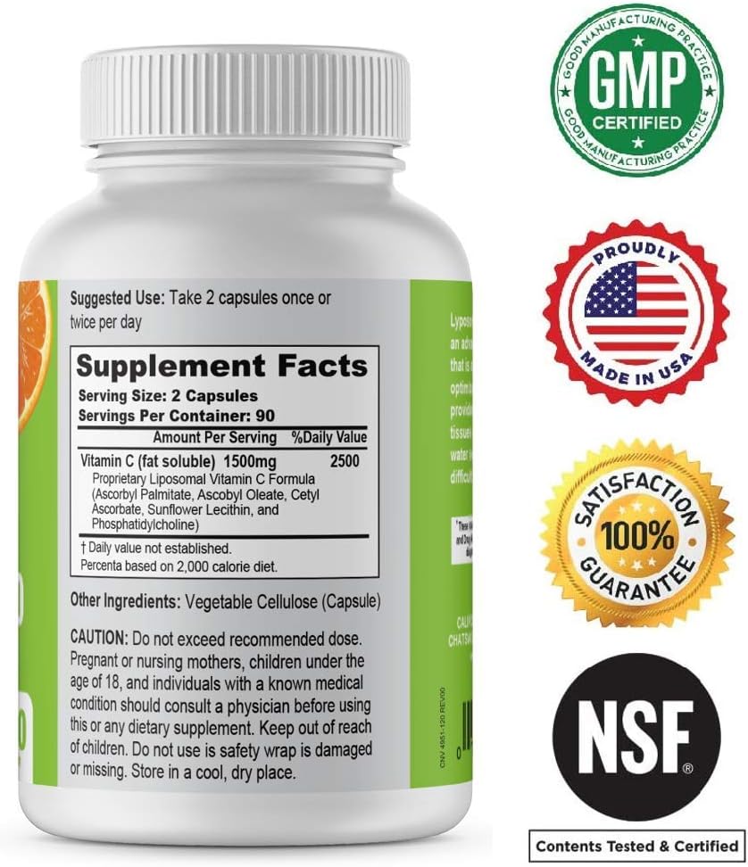 High Absorption Liposomal Vitamin C Complex - 1500mg, 180 Capsules - Immune Support, Antioxidant & Collagen Booster