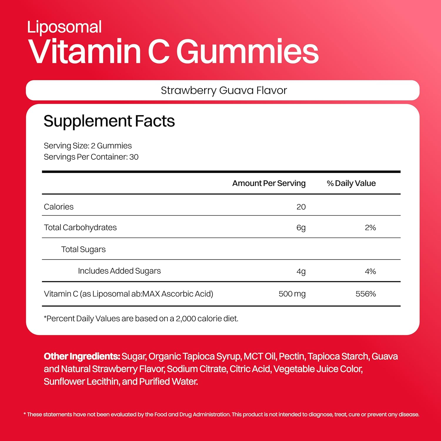High Absorption Liposomal Vitamin C Gummies - 60 Gummies, 500mg per Serving - Vegan Antioxidant & Energy Booster - Strawberry Guava Flavor