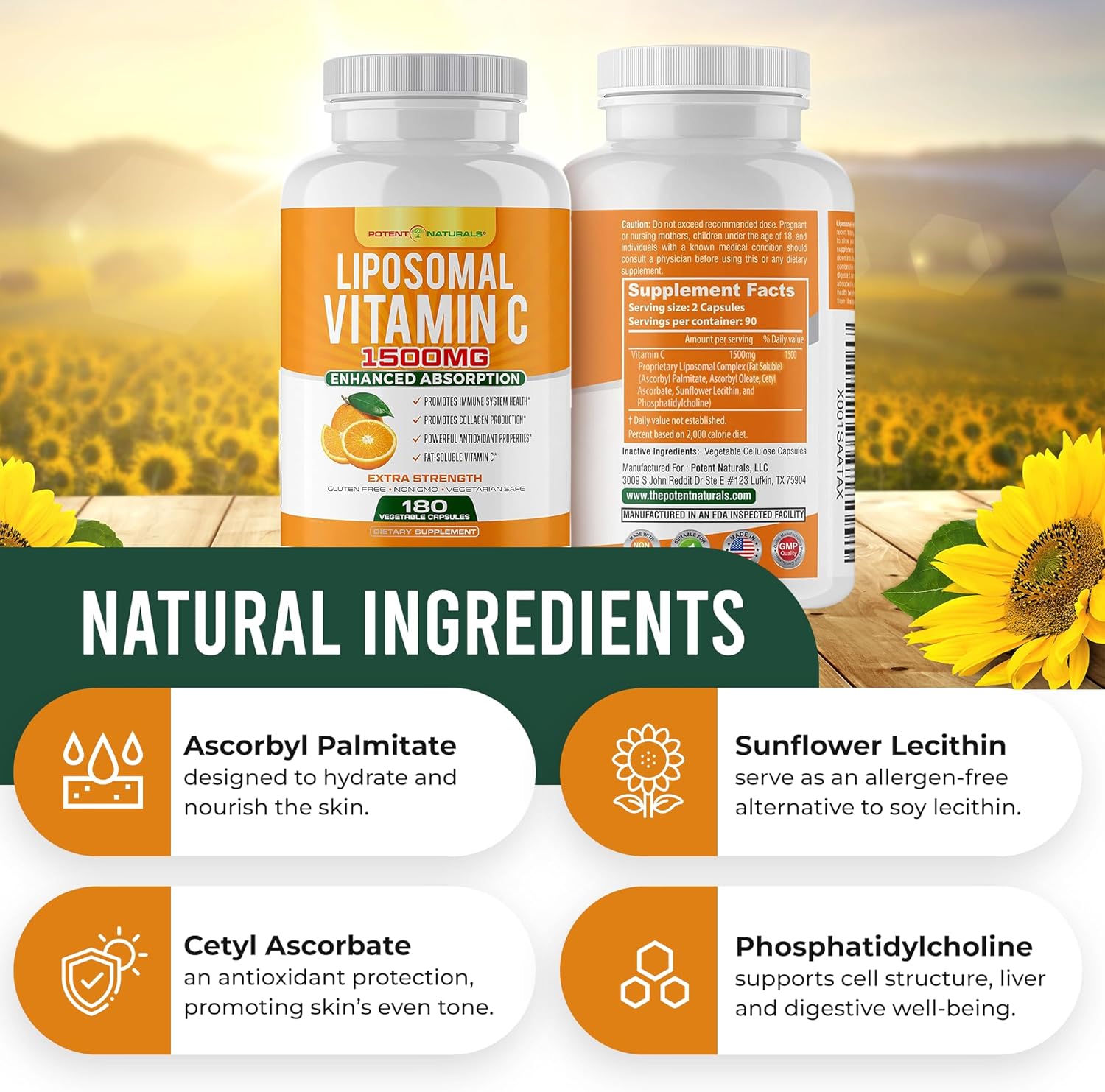 High Absorption Liposomal Vitamin C Supplement - 1500mg Ascorbic Acid Capsules for Immune Support & Collagen Production - 180 Count