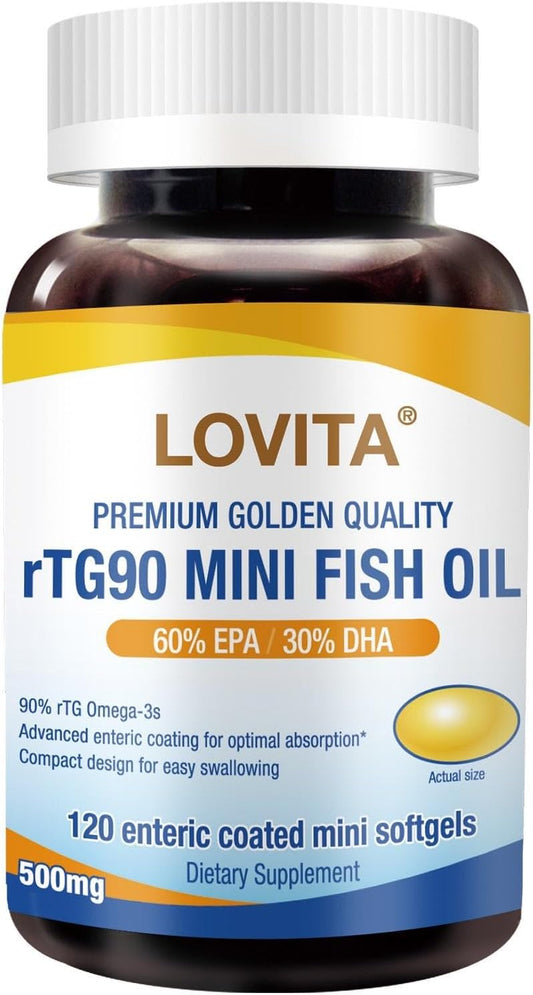 High Absorption Lovita rTG 90 Mini Fish Oil Capsules, 2000mg Daily, 90% Omega-3, Burpless, Supports Heart, Brain, Eyes, 120 Enteric-Coated Softgels