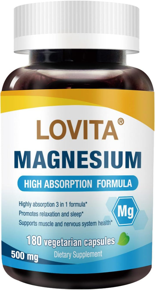 High Absorption Lovita Triple Magnesium Complex 500mg - Glycinate, Citrate, Oxide - Supports Sleep, Relaxation, Heart, Nerves & Bones - 180 Vegan Capsules