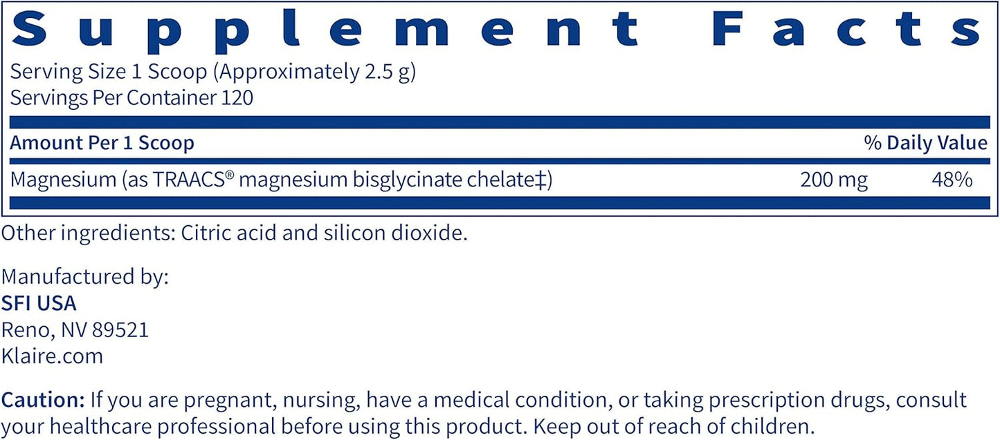 High Absorption Magnesium Chelate Powder - 200mg TRAACS Bisglycinate, Vegetarian, Hypoallergenic - 120 Servings, 300g