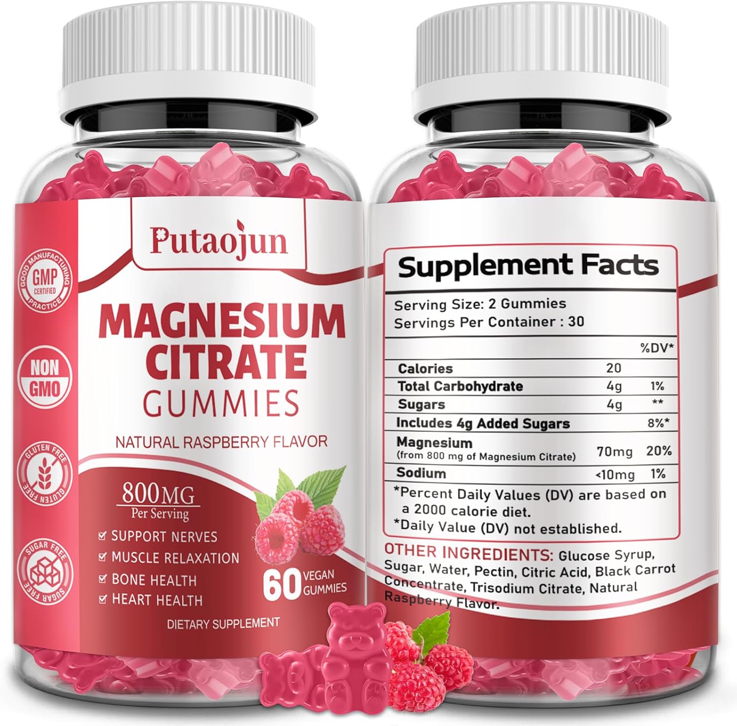 High Absorption Magnesium Citrate Gummies for Adults - Vegan & Non-GMO - 60 Raspberry Gummies