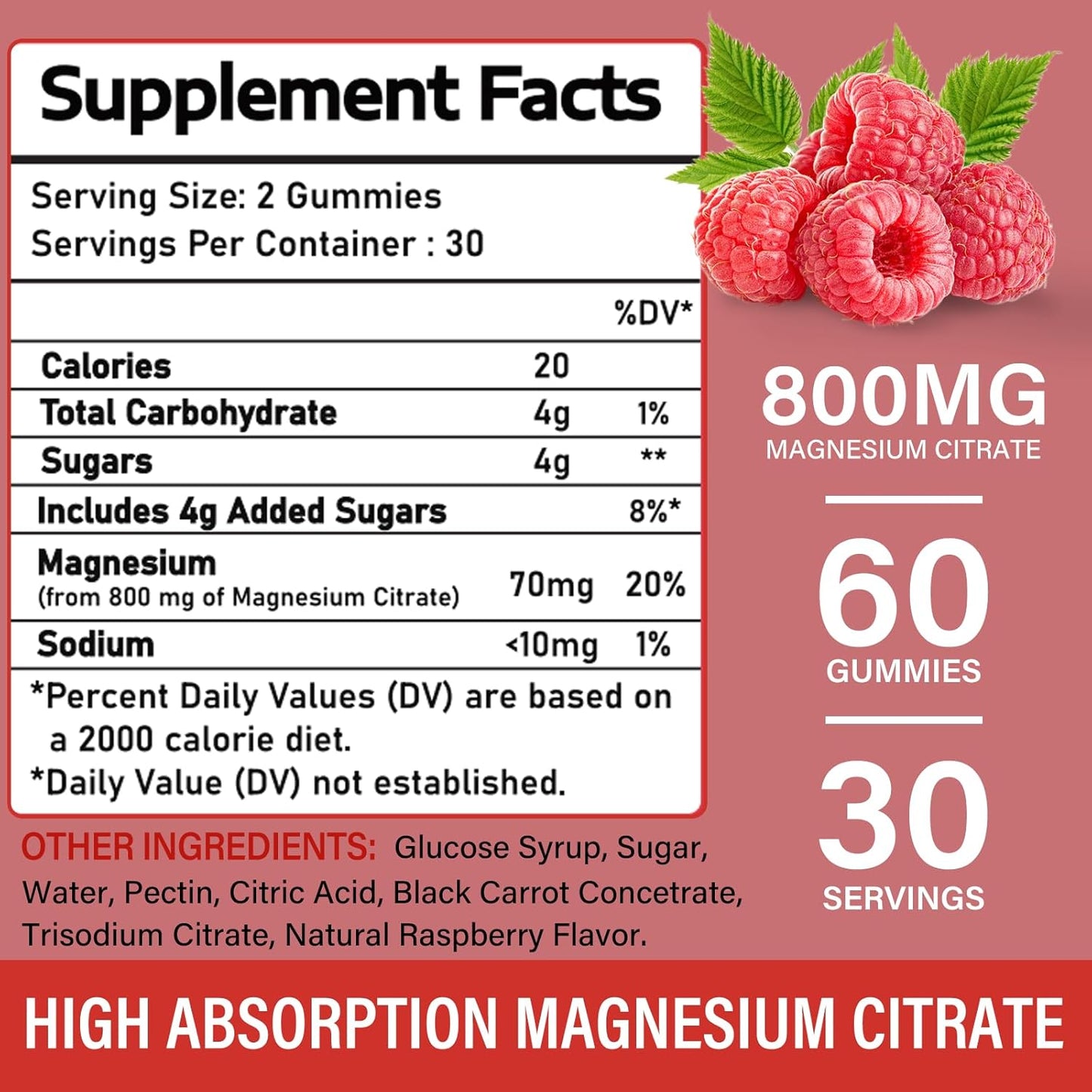 High Absorption Magnesium Citrate Gummies for Adults - Vegan & Non-GMO - 60 Raspberry Gummies