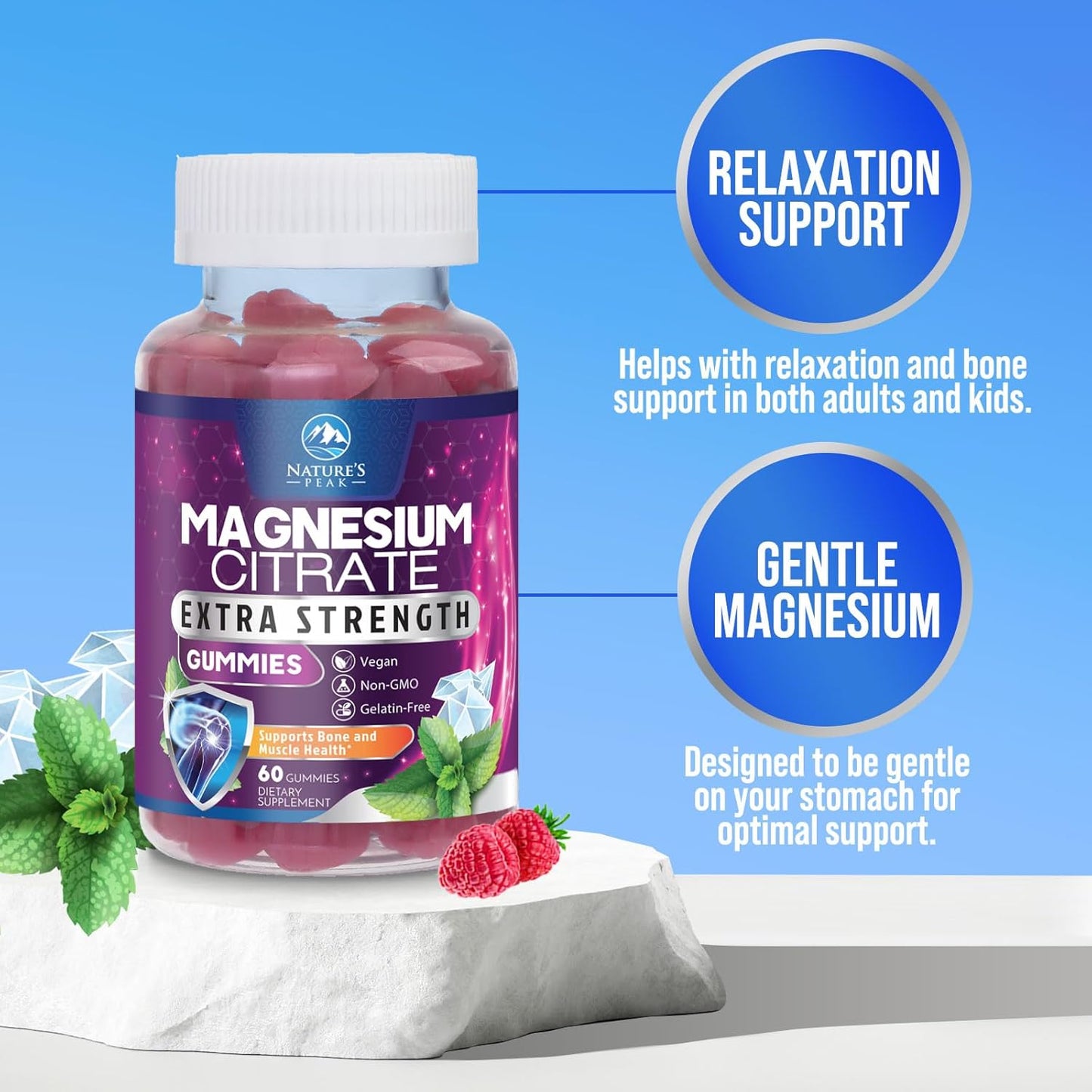 High Absorption Magnesium Citrate Gummies for Bone, Muscle & Heart Health - Vegan & Gluten Free - 60 Gummies