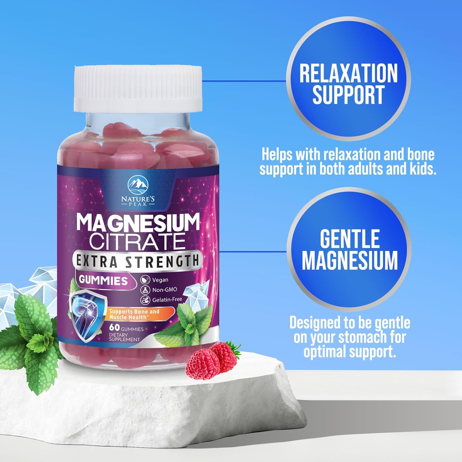 High Absorption Magnesium Citrate Gummies for Bone, Muscle & Heart Health - Vegan & Gluten Free - 60 Gummies