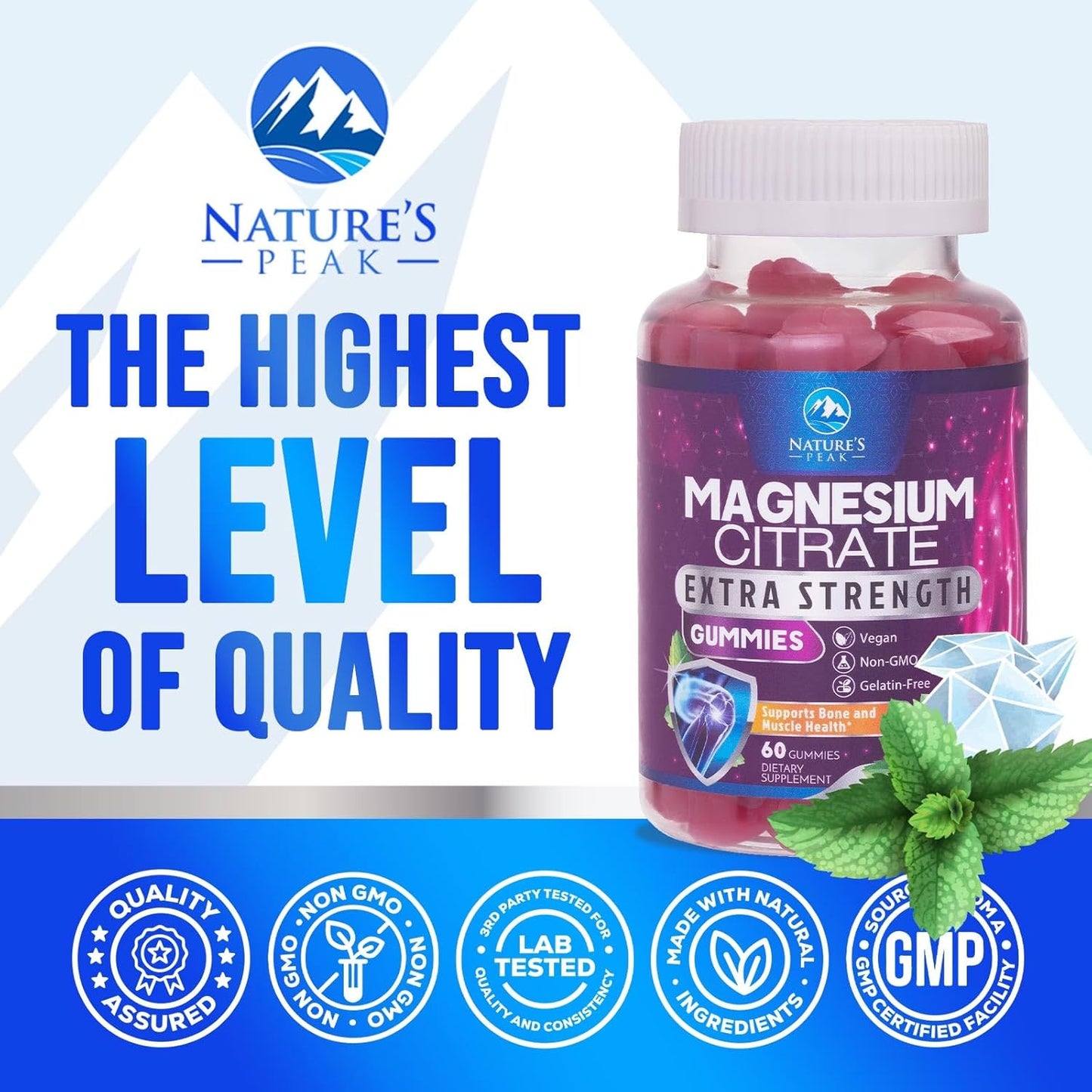 High Absorption Magnesium Citrate Gummies for Bone, Muscle & Heart Health - Vegan & Gluten Free - 60 Gummies