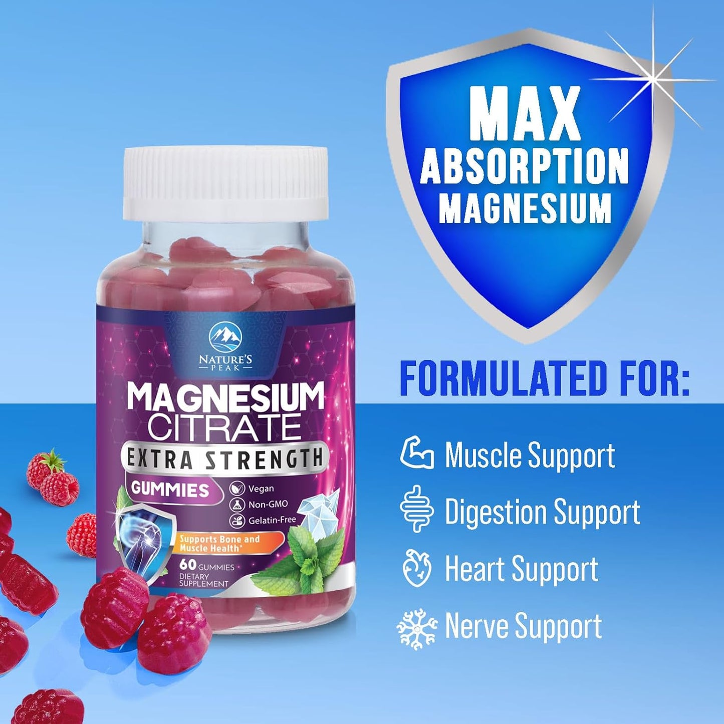 High Absorption Magnesium Citrate Gummies for Bone, Muscle & Heart Health - Vegan & Gluten Free - 60 Gummies