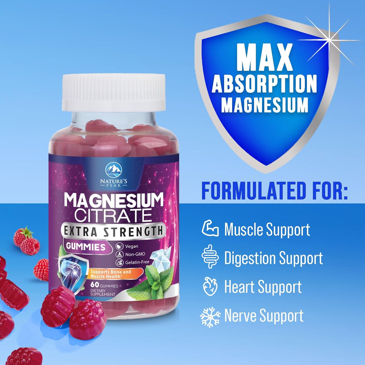 High Absorption Magnesium Citrate Gummies for Bone, Muscle & Heart Health - Vegan & Gluten Free - 60 Gummies