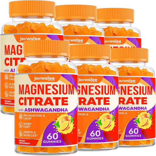 High Absorption Magnesium Citrate Gummies with Ashwagandha & L-Theanine - 2000mg, Calming Magnesium Gummy for Rest, Nerves, Muscles & Heart - 6 Pack