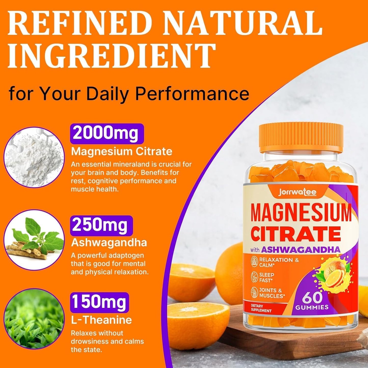 High Absorption Magnesium Citrate Gummies with Ashwagandha & L-Theanine - Calm & Restful Magnesium Gummy - 2000mg, 7 Pack