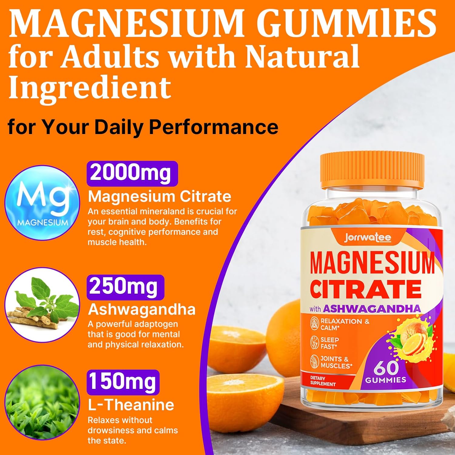 High Absorption Magnesium Citrate Gummies with Ashwagandha & L-Theanine - 2000mg, Calm and Relaxing Magnesium Gummy for Rest and Nerve Support, 9 Pack