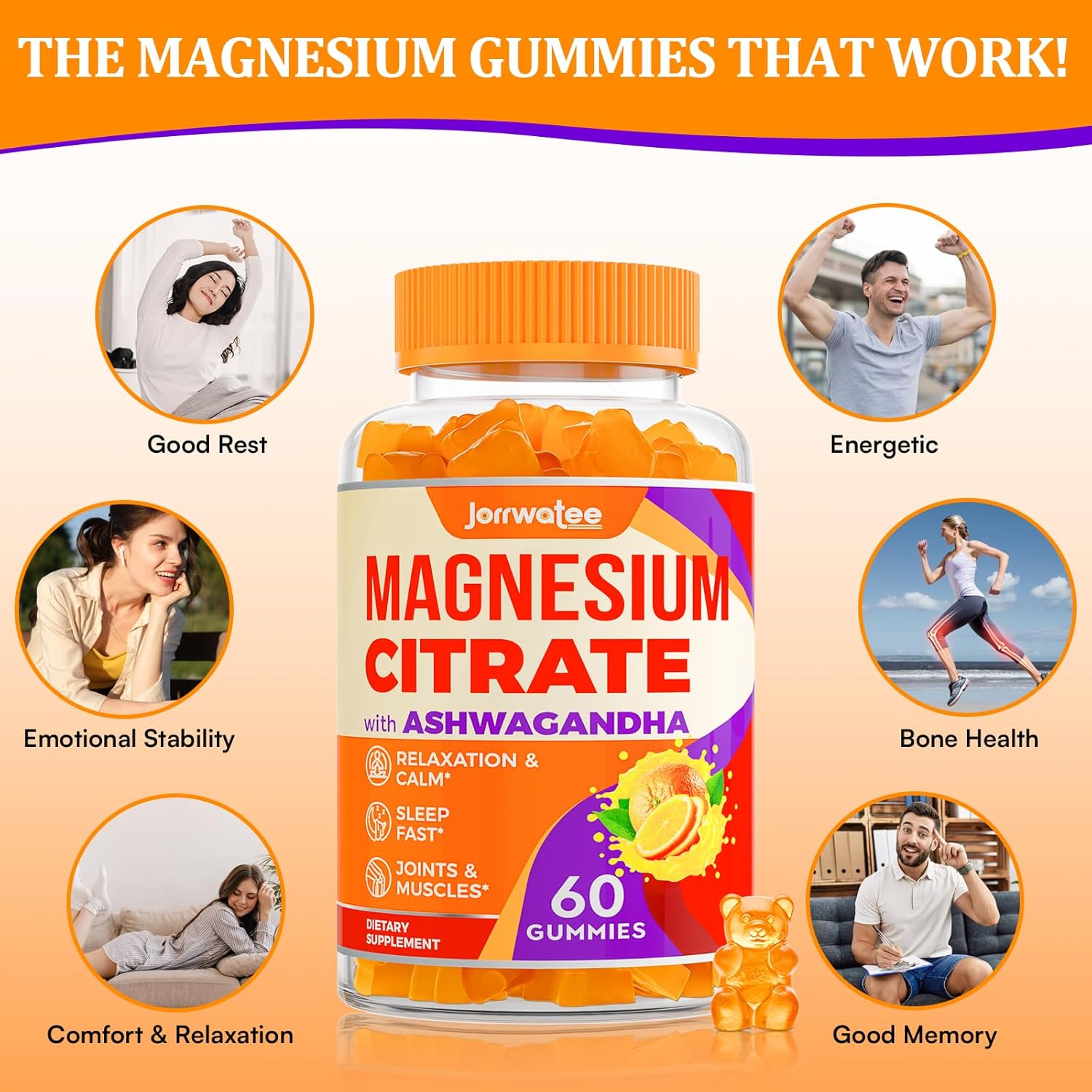 High Absorption Magnesium Citrate Gummies with Ashwagandha & L-Theanine - 2000mg, Calm and Relaxing Magnesium Gummy for Rest and Nerve Support, 9 Pack