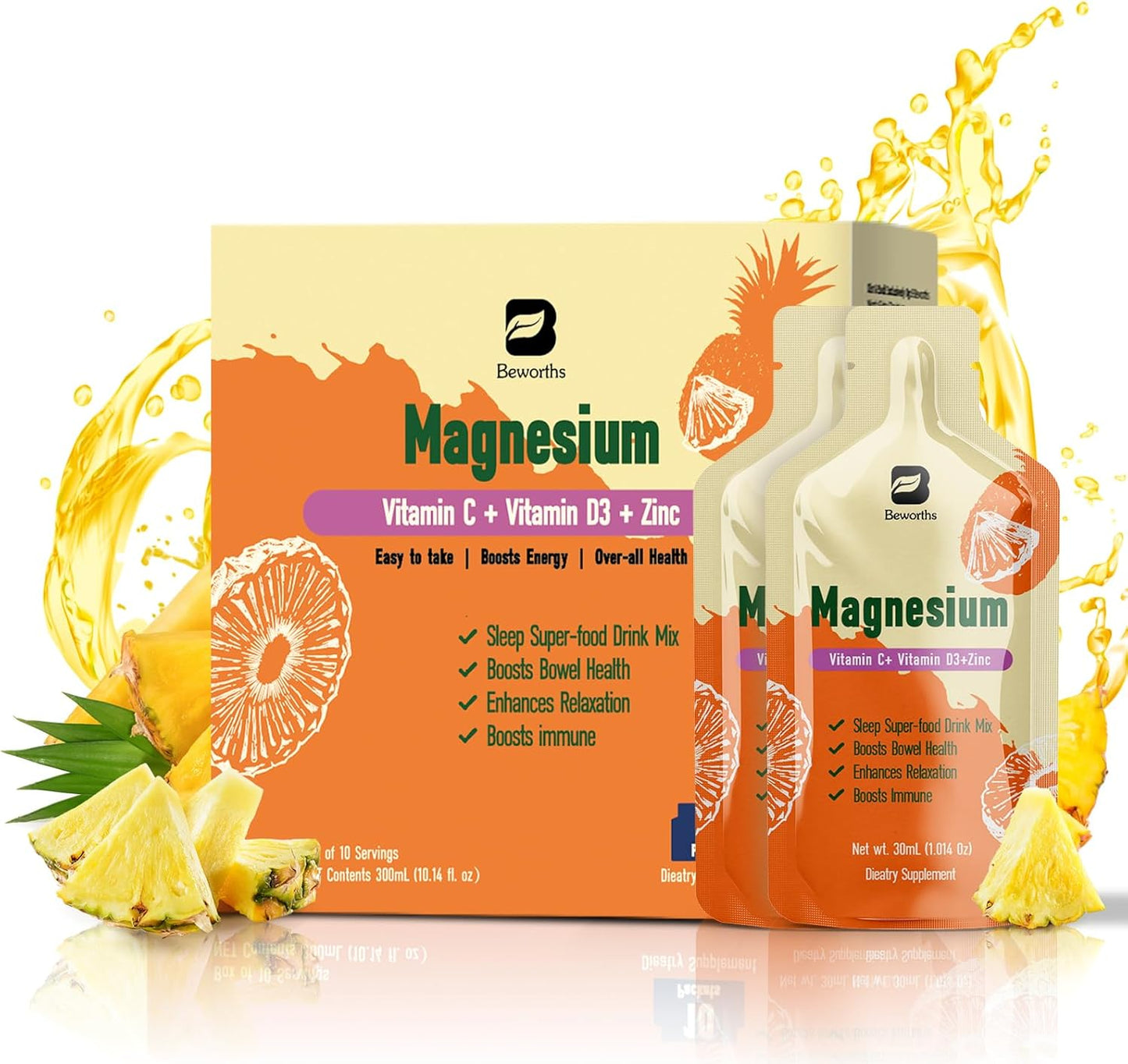 High Absorption Magnesium Citrate Liquid Supplement with Bromelain, Vitamin C, D3, B6, Zinc for Constipation, Sleep, Energy - Pineapple Flavor - 10 Fl Oz