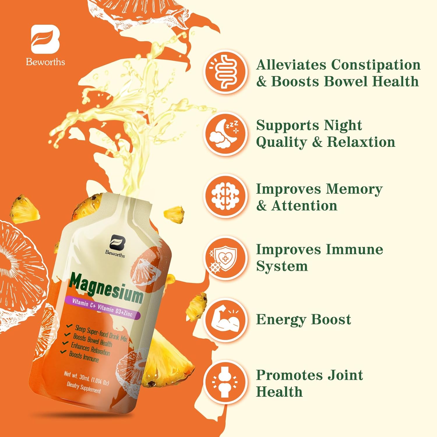 High Absorption Magnesium Citrate Liquid Supplement with Bromelain, Vitamin C, D3, B6, Zinc for Constipation, Sleep, Energy - Pineapple Flavor - 10 Fl Oz