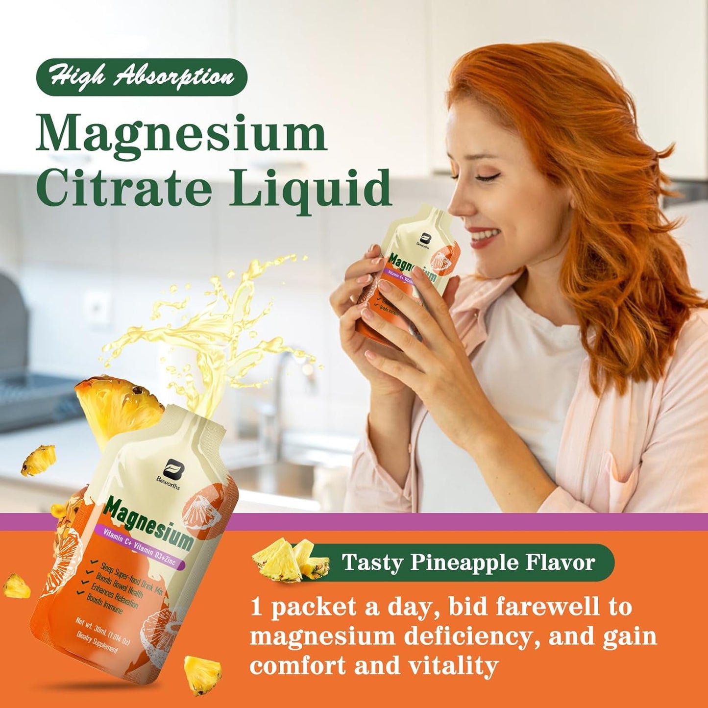 High Absorption Magnesium Citrate Liquid Supplement with Bromelain, Vitamin C, D3, B6, Zinc for Constipation, Sleep, Energy - Pineapple Flavor - 10 Fl Oz
