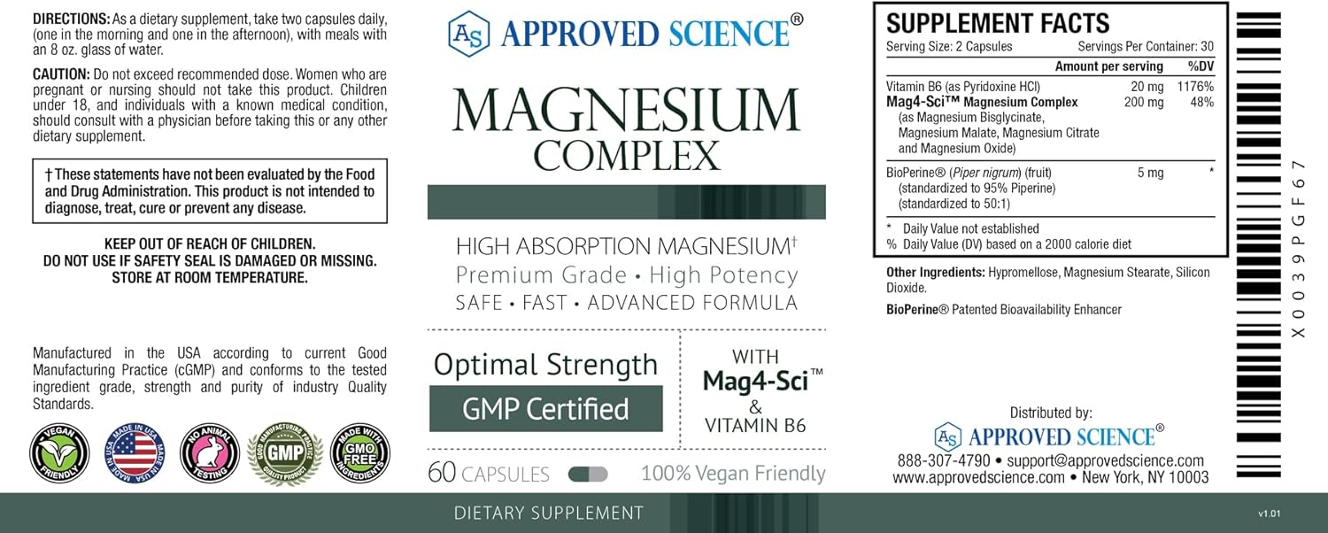 High Absorption Magnesium Complex Capsules - Bisglycinate, Malate, Citrate, Oxide - Heart Health, Headache Relief, Energy Boost - 1 Month Supply - Non-GMO, Vegan - Approved Science
