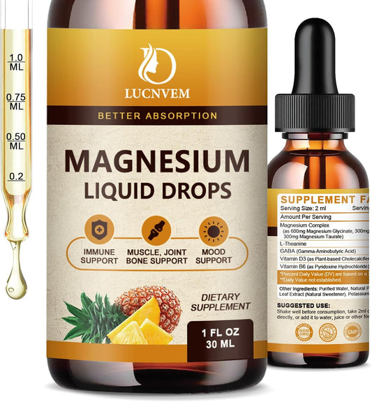 High Absorption Magnesium Complex Drops with GABA, L-theanine, D3, B6 - 1200mg Liquid Pineapple 2oz - Calm, Sleep, Relax