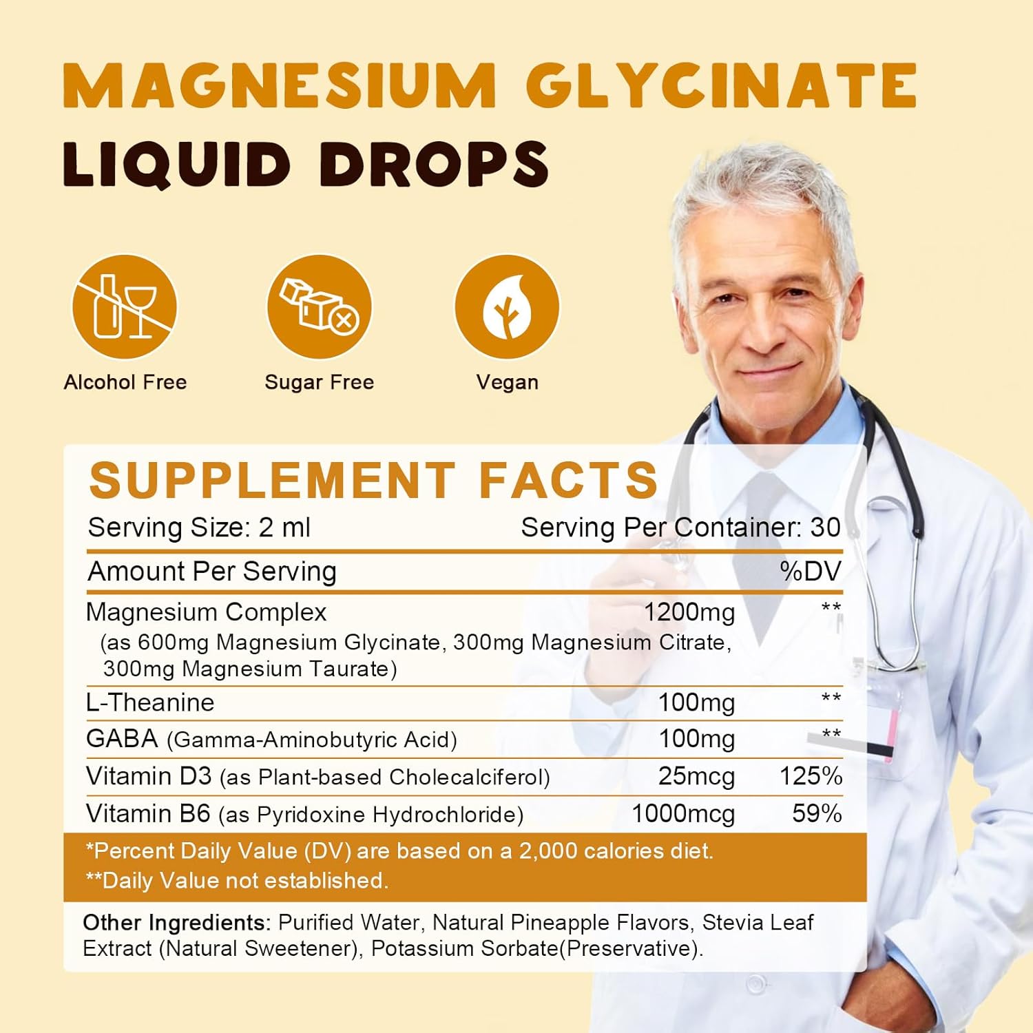 High Absorption Magnesium Complex Drops with GABA, L-theanine, D3, B6 - 1200mg Liquid Pineapple 2oz - Calm, Sleep, Relax