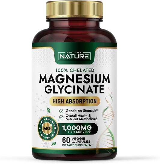High Absorption Magnesium Glycinate 1000mg Supplement - Gentle on Stomach - Muscle, Heart, Bone Support - Non-GMO, Vegan - 60 Capsules