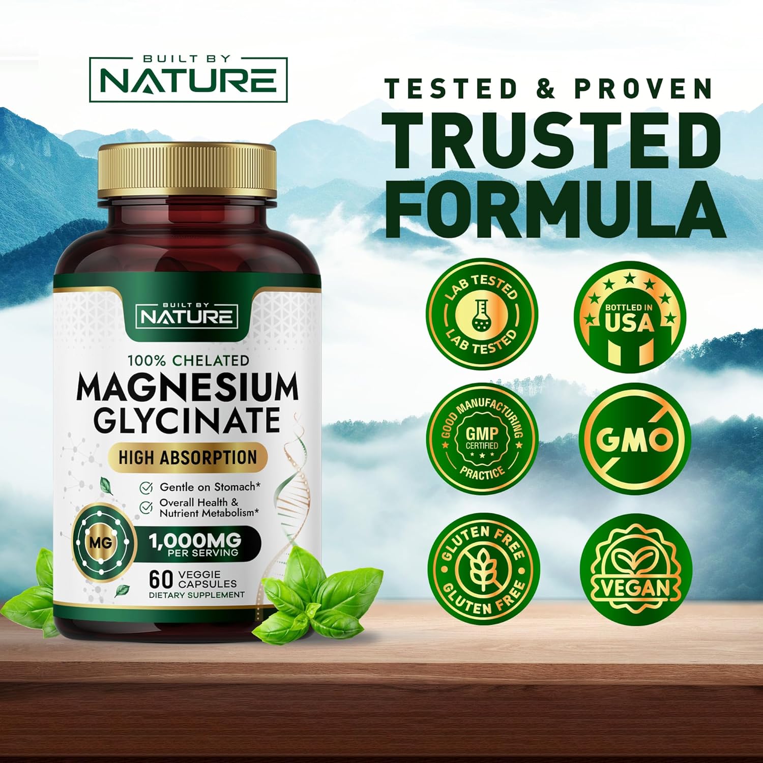 High Absorption Magnesium Glycinate 1000mg Supplement - Gentle on Stomach - Muscle, Heart, Bone Support - Non-GMO, Vegan - 60 Capsules