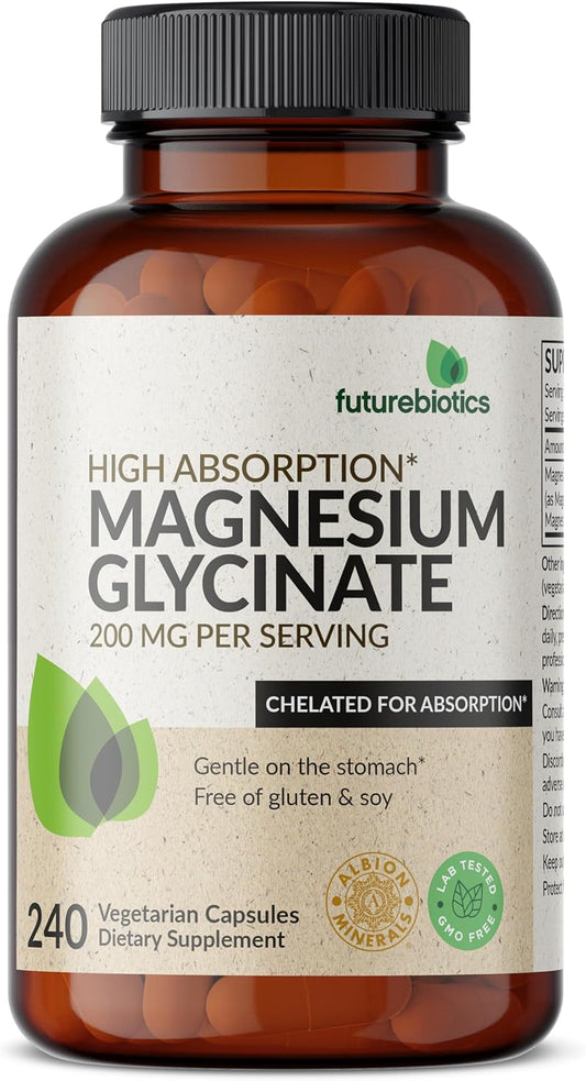 High Absorption Magnesium Glycinate 200 MG per Serving, Chelated for Gentle Stomach, Non-GMO | 240 Vegetarian Capsules by Futurebiotics