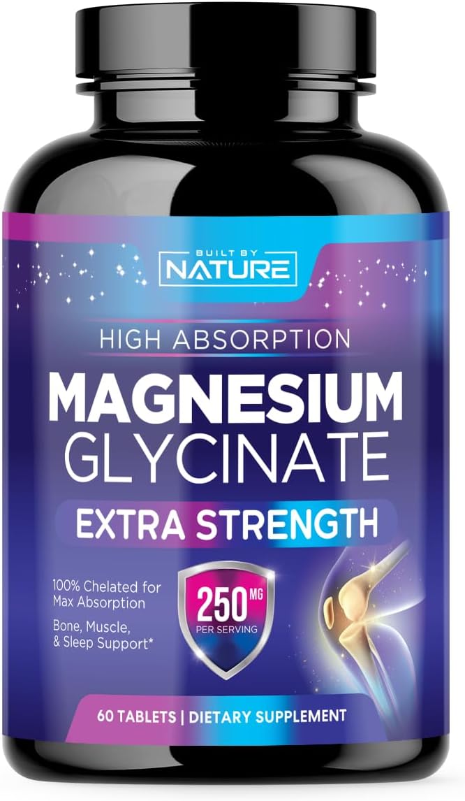 High Absorption Magnesium Glycinate 250mg Tablets - Supports Stress, Sleep, Heart, Muscle Health - Non-GMO, Vegan, Gluten-Free - 60 Count
