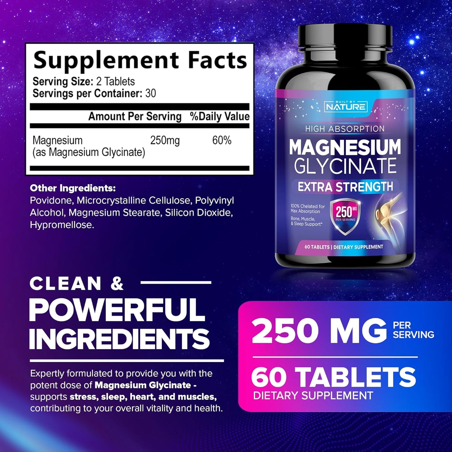 High Absorption Magnesium Glycinate 250mg Tablets - Supports Stress, Sleep, Heart, Muscle Health - Non-GMO, Vegan, Gluten-Free - 60 Count