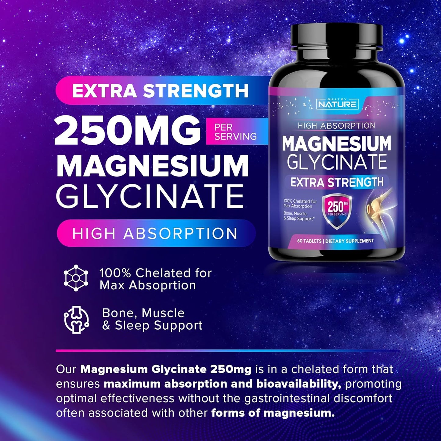 High Absorption Magnesium Glycinate 250mg Tablets - Supports Stress, Sleep, Heart, Muscle Health - Non-GMO, Vegan, Gluten-Free - 60 Count