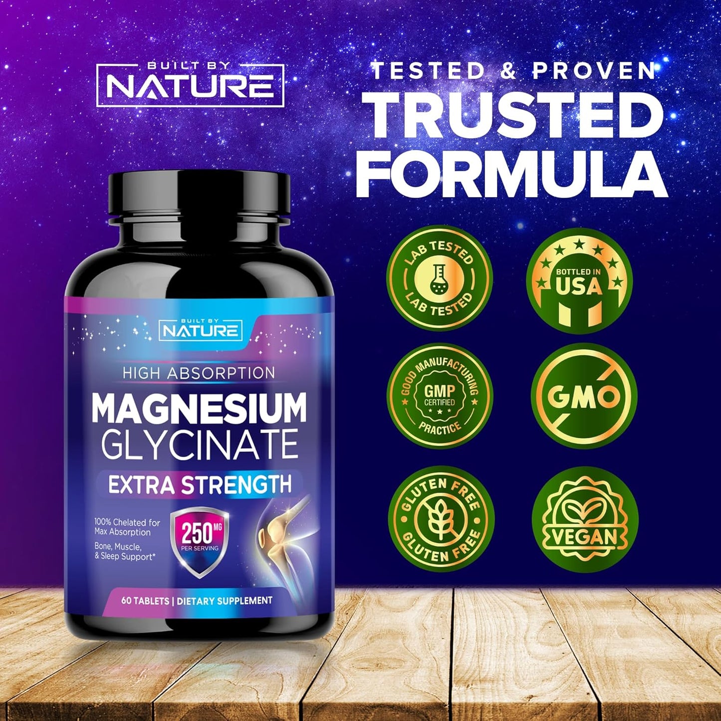 High Absorption Magnesium Glycinate 250mg Tablets - Supports Stress, Sleep, Heart, Muscle Health - Non-GMO, Vegan, Gluten-Free - 60 Count