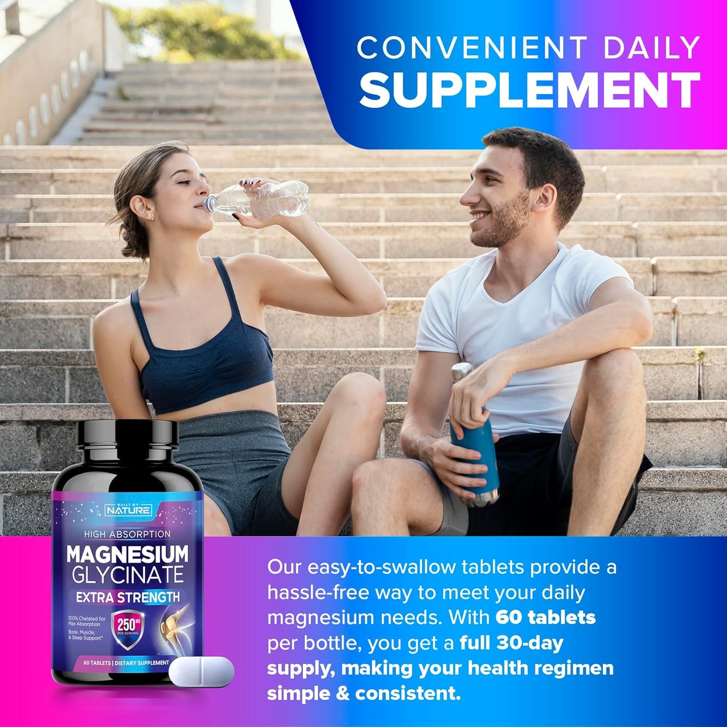 High Absorption Magnesium Glycinate 250mg Tablets - Supports Stress, Sleep, Heart, Muscle Health - Non-GMO, Vegan, Gluten-Free - 60 Count