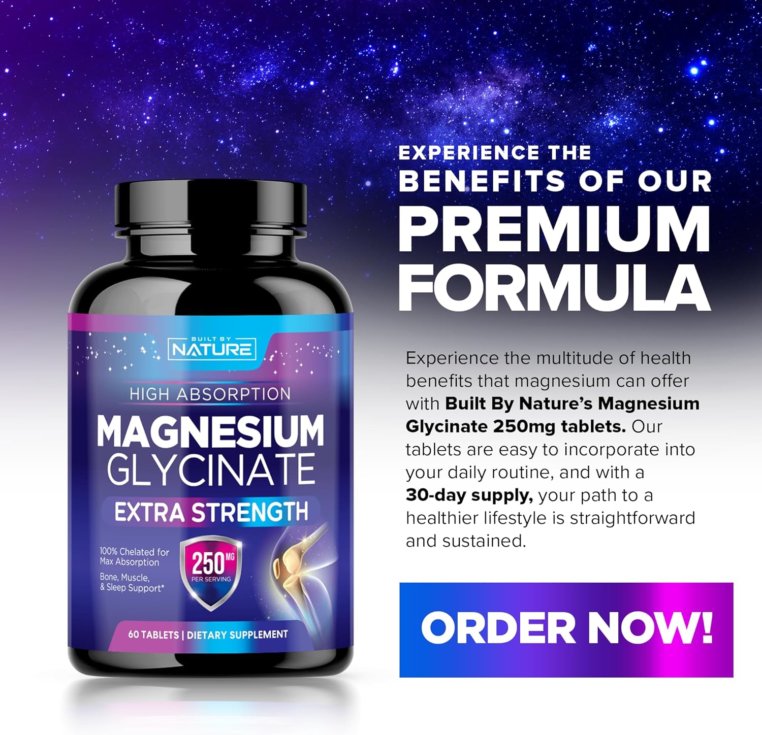 High Absorption Magnesium Glycinate 250mg Tablets - Supports Stress, Sleep, Heart, Muscle Health - Non-GMO, Vegan, Gluten-Free - 60 Count