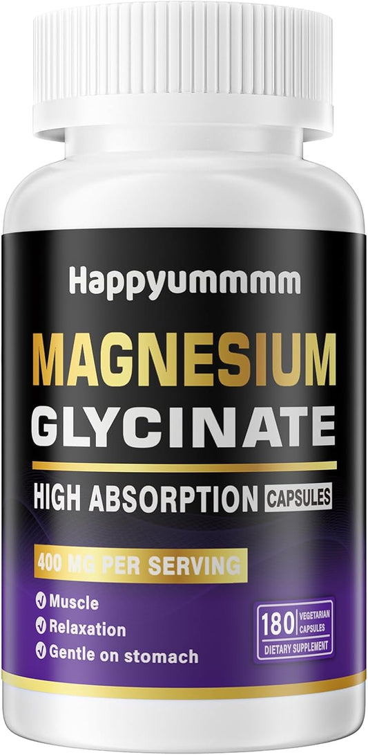 High Absorption Magnesium Glycinate 400 MG - Gentle on Stomach, Non-GMO, 180 Vegetarian Capsules - Happyummmm